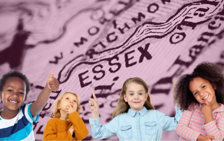 Children pointing at Essex on a vintage map